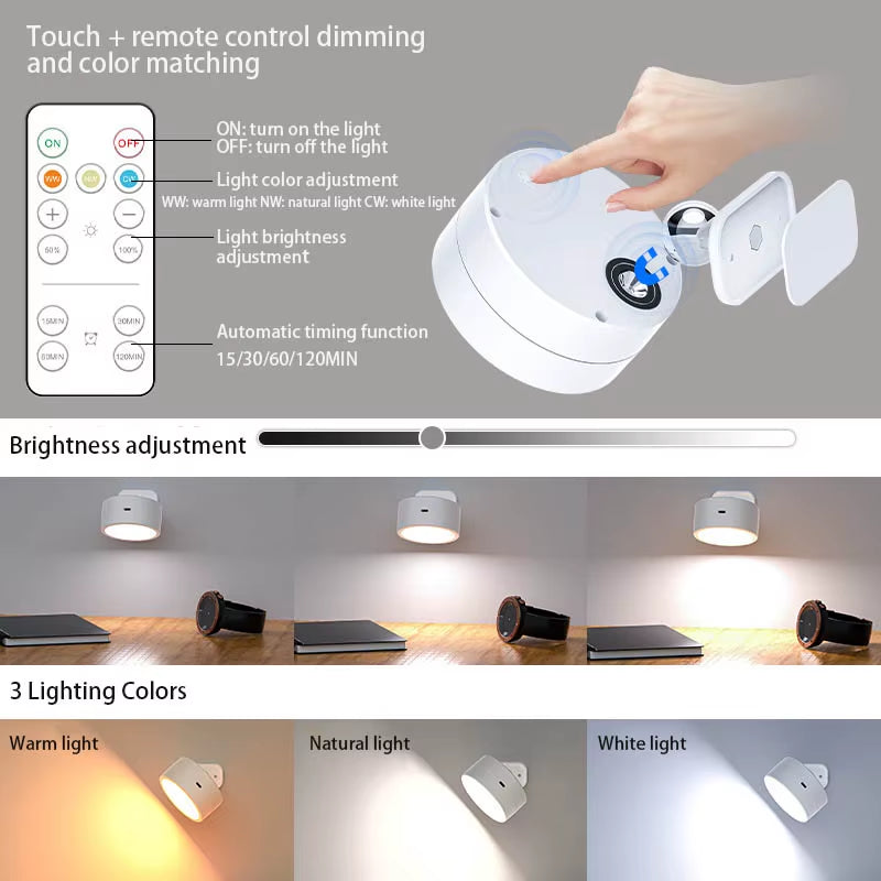 Magnetic LED Wall Light Rechargeable Reading Lights 360° Rotation Touch Remote Control Cabinet Spotlight Night Lamp