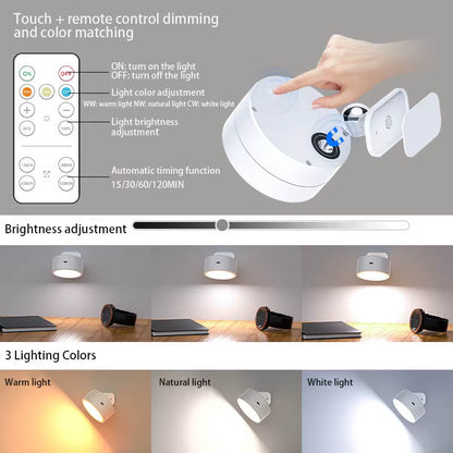 Magnetic LED Wall Light Rechargeable Reading Lights 360° Rotation Touch Remote Control Cabinet Spotlight Night Lamp